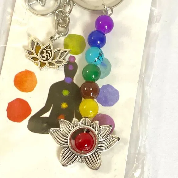 The Seven Chakras Yoga Lotus Flower Charms Keychain Multi Beads Silver Tone New - Picture 4 of 4